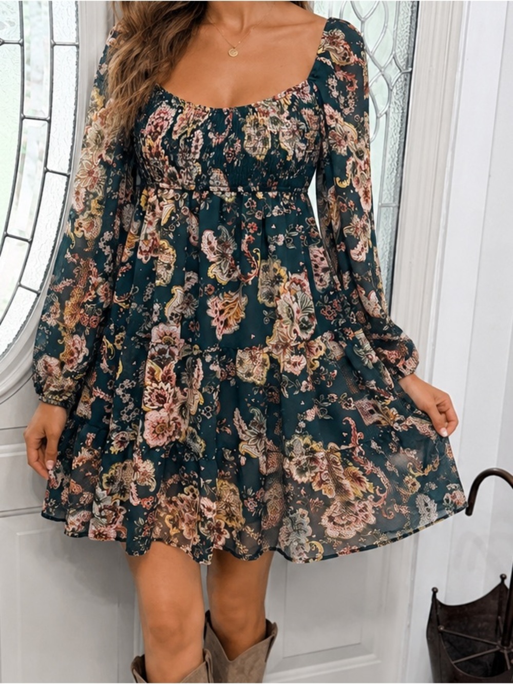 Impressions Boutique Paisley Smocked Babydoll Dress Size Small Boho Western